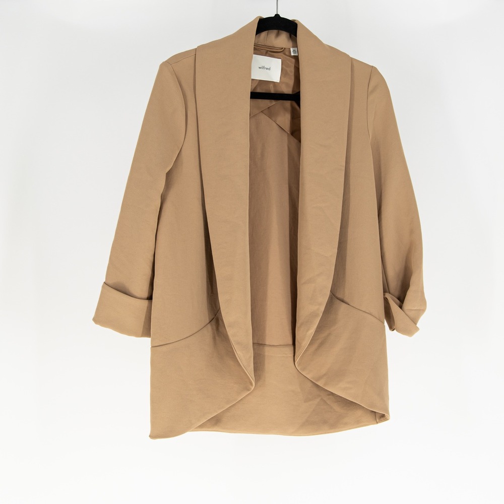 Wilfred Aritzia Relaxed Fit Open Front Crepe Blazer Jacket Gold Camel XXS